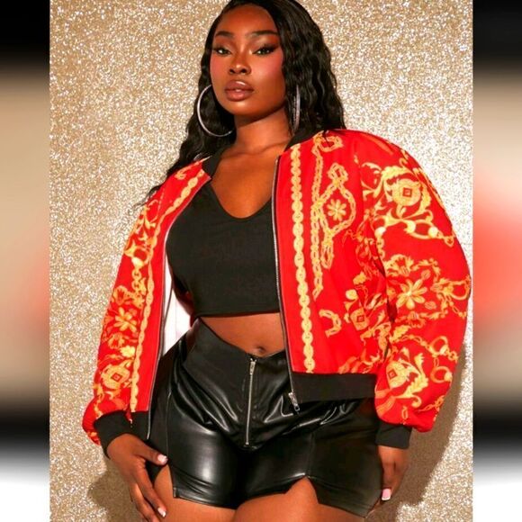 Jackets & Blazers - Stylish Red and Gold Women's Bomber Jacket 2X